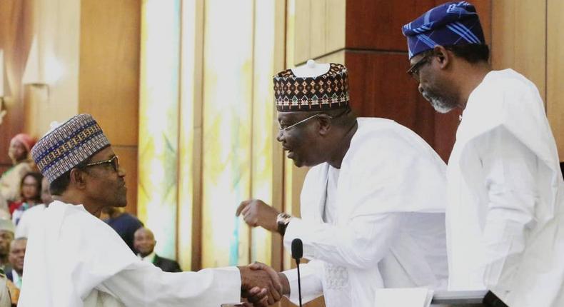 President Muhammadu Buhari, President of the Senate Ahmad Lawan and Speaker of the House of Representatives Hon. Femi Gbajabiamila at the presentation of 2020 Budget on the floor of the Senate. [Twitter/@DrAhmadLawan]