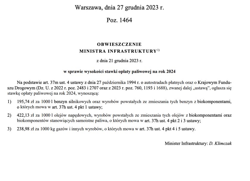 Zmiany w opłacie paliwowej już opublikowano w Monitorze Polskim