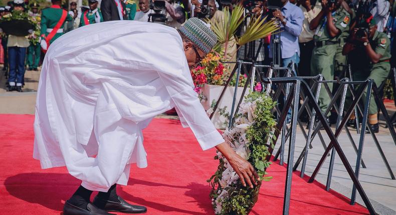 President Muhammadu Buhari presides over 2020 Wreath Laying ceremony for fallen Heroes. [Twitter/@BashirAhmaad]