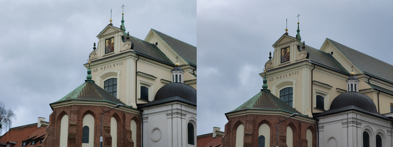 Ta sama scena zarejestrowana w automatycznym trybie Zdjęcia (po lewej) oraz w trybie Pro (kliknij, aby powiększyć) 