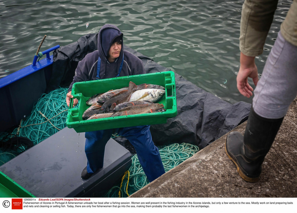 A fisherwoman removes the hook from a fish during the fishing