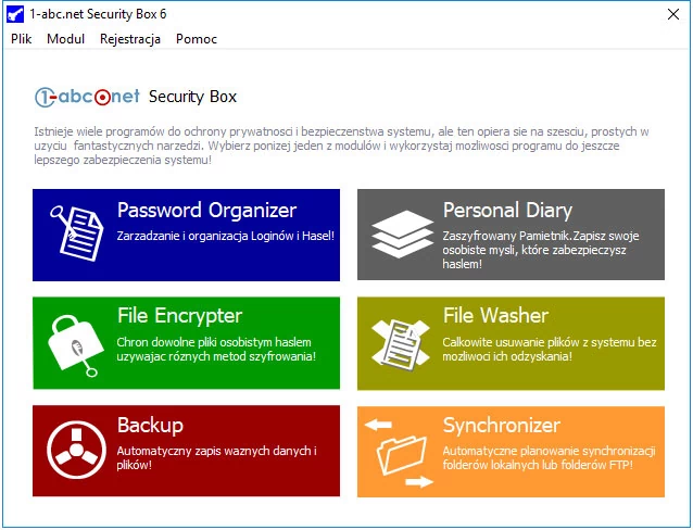 Główne okno pakietu narzędziowego do ochrony prywatności użytkownika w Windows - 1-abc.net Security Box
