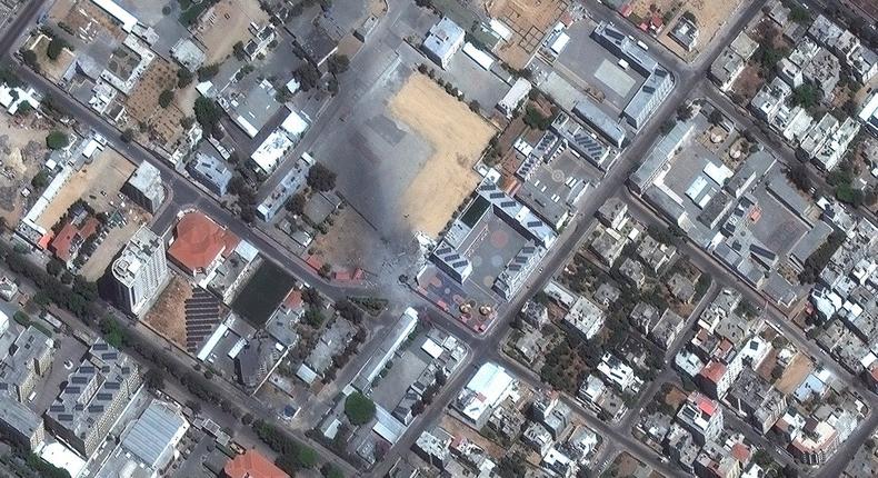 A satellite view of buildings destroyed after airstrikes in Gaza City, taken on May 12, 2021.

