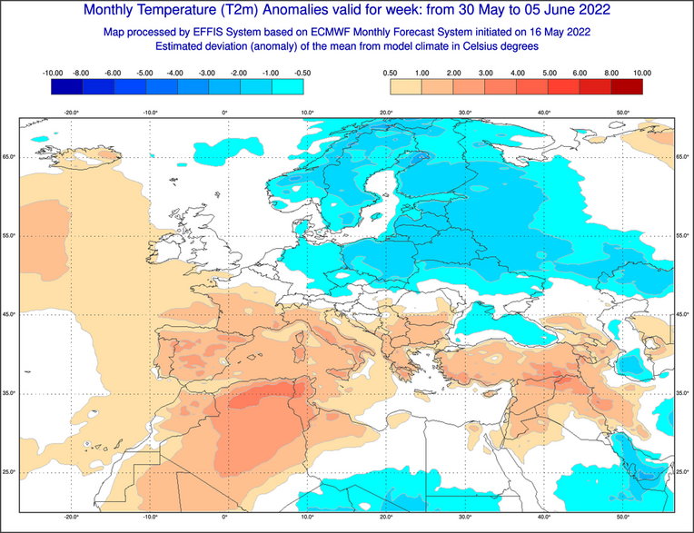 Prognoza odchylenia temperatury od normy w Europie w tygodniu 30.05 - 6.06