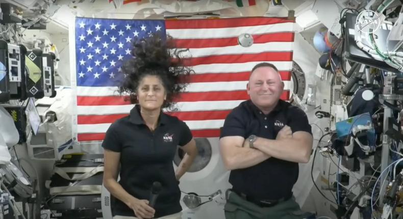 Suni Williams (left) and Butch Wilmore (right) on a call with journalists from the International Space Station.NASA TV