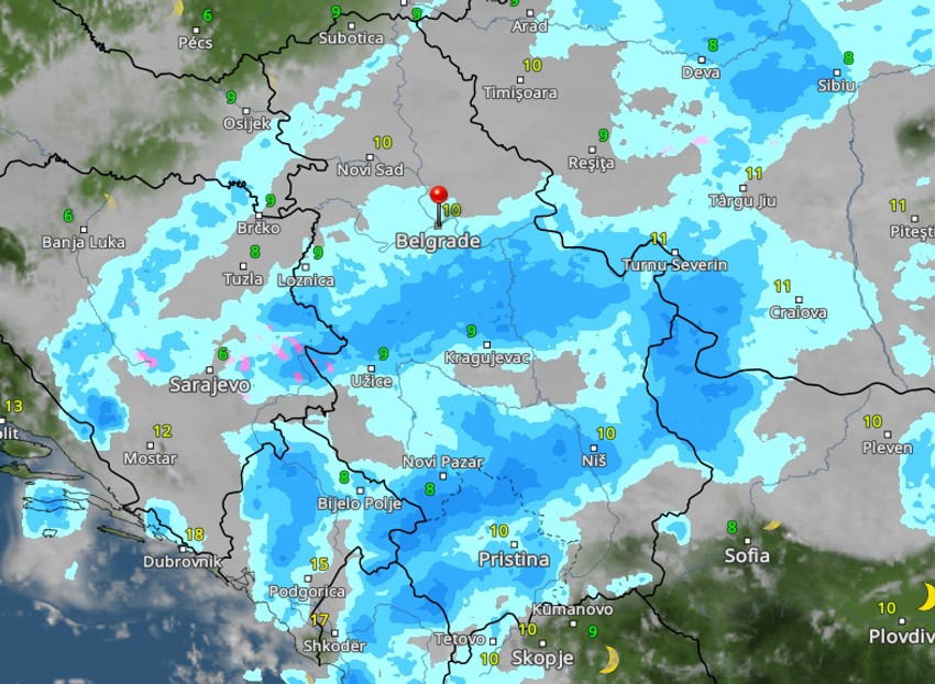 Kretanje nevremena u  2 časa u ponedeljak