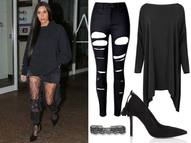 STYLIZACJE inspirowane Kim Kardashian: Tunika – White House/whitehouse.sklep.pl, buty – Gianmarko/gianmarko.pl, spodnie, choker – TKMAXX/tkmaxx.pl