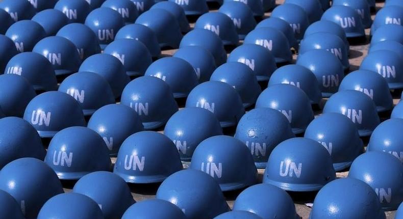 Helmets belonging to soldiers of the Nigerian army are seen as part of preparations for deployment to Mali, at the Nigerian Army peacekeeping centre in Jaji, near Kaduna January 17, 2013. REUTERS/Afolabi Sotunde