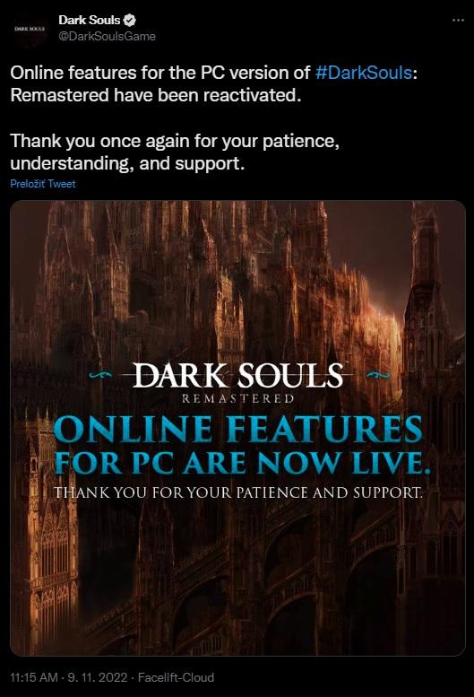 On-line časť počítačovej verzie Dark Souls Remastered je opäť funkčná.