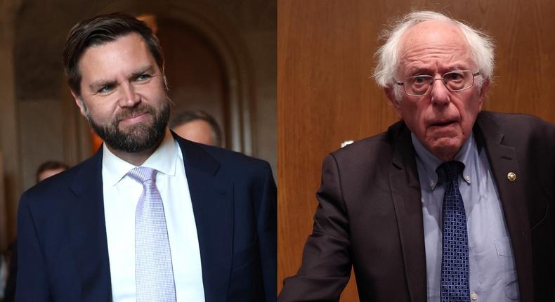 Sens. JD Vance and Bernie Sanders both voted against the foreign aid bill, but for very different reasons.Kevin Dietsch/Getty Images