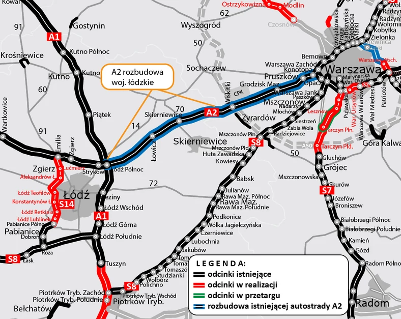 Mapa z przebiegiem poszerzanej autostrady A2