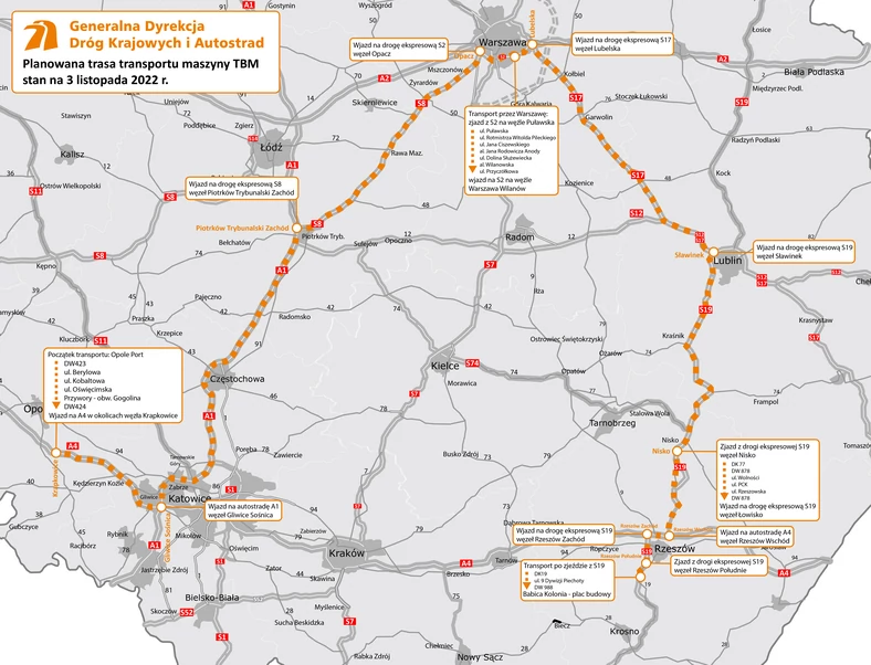 Mapa trasy, jaką będzie przejeżdżał konwój