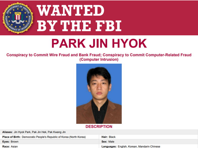 List gończy wystawiony przez FBI za Park Jin Hyokiem