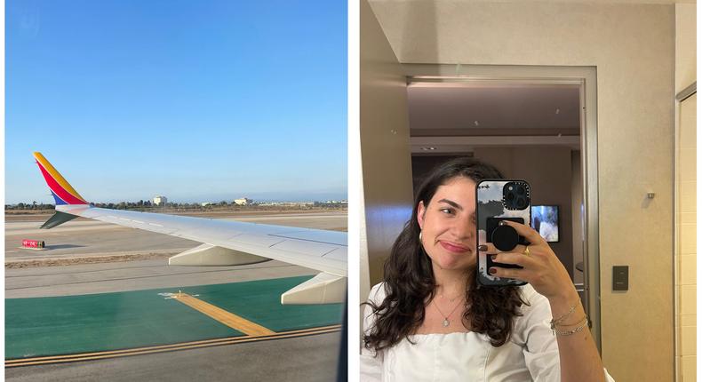 Southwest flight landing at LAX and Rachel Bernstein in her hotel room.Rachel Bernstein/ Insider