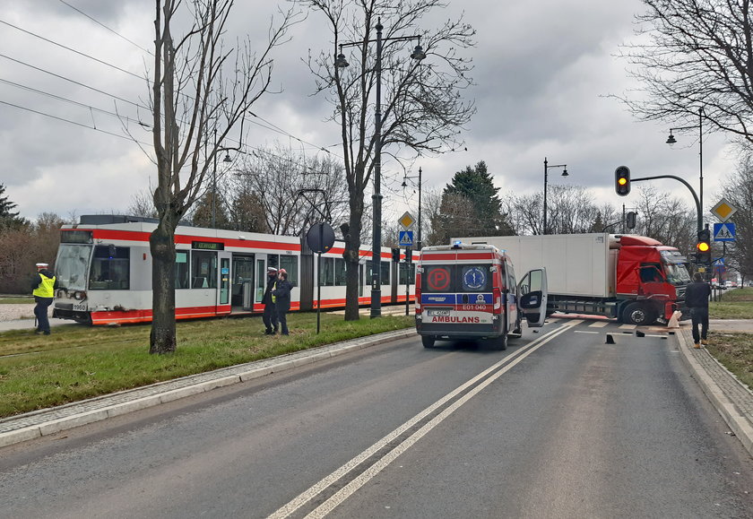 Zderzenie tramwaju z volvo na Dąbrowskiego w Łodzi