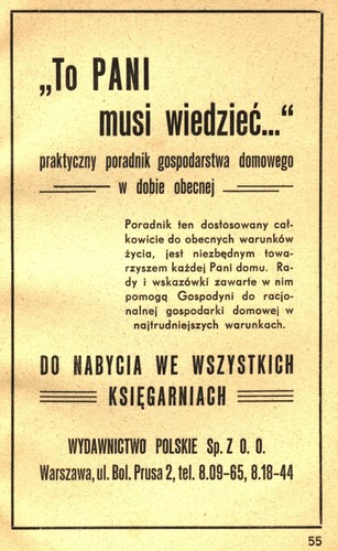 Na zdjęciu reklama poradnika pt. „To pani musi wiedzieć”, wydanego w Warszawie w 1941 roku.
