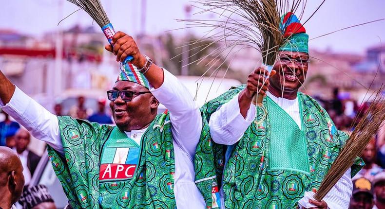 Governor Abiola Ajimobi and APC governorship candidate in Oyo state, Chief Adebayo Adelabu during a campaign 