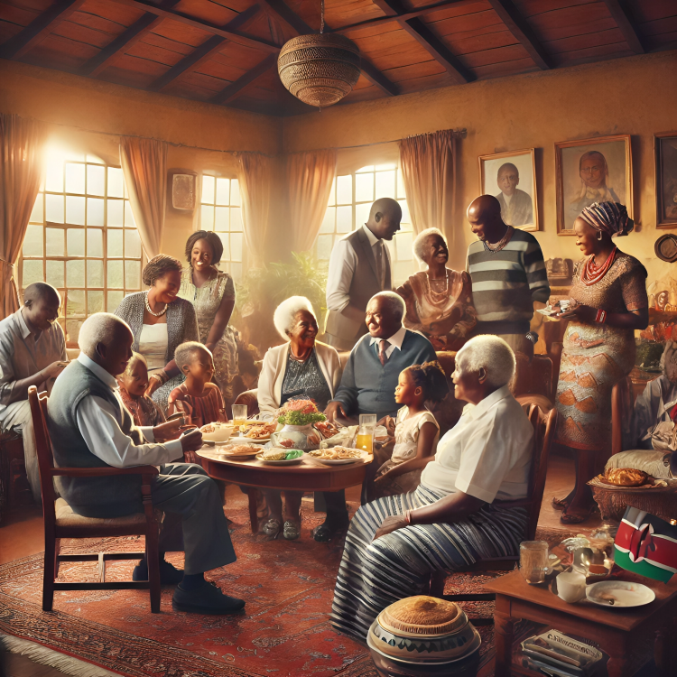 An AI-generated image of elderly Kenyan parents spending time with other family members in a warm and inviting home setting