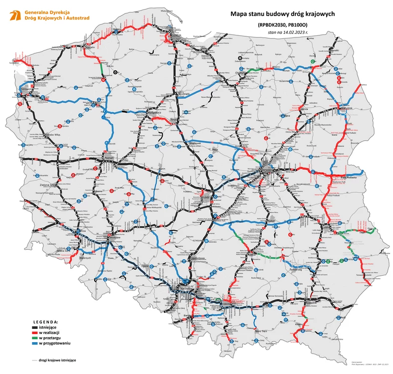 Mapa stanu budowy dróg krajowych w Polsce