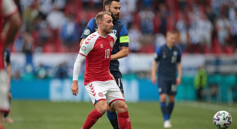 Denmark's Christian Eriksen (L) collapsed in a Euro 2020 match in Copenhagen Creator: HANNAH MCKAY