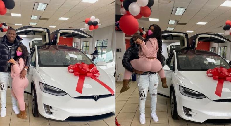 Lady shows off GHC450k Tesla car present on Val’s Day