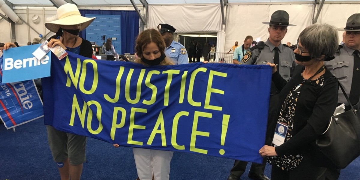 Bernie Sanders delegates occupy media tents at the Democratic Convention in Philadelphia.