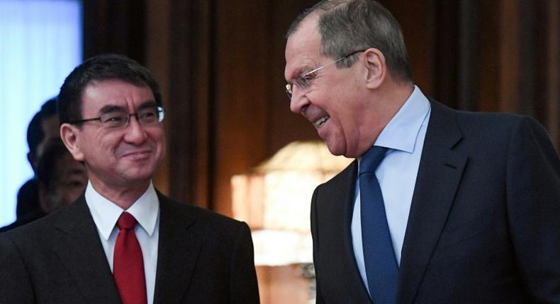 Russian Foreign Minister Sergei Lavrov (R) met his Japanese counterpart Taro Kono for the first time since they agreed last year to increase efforts to sign a treaty to formally end WWII