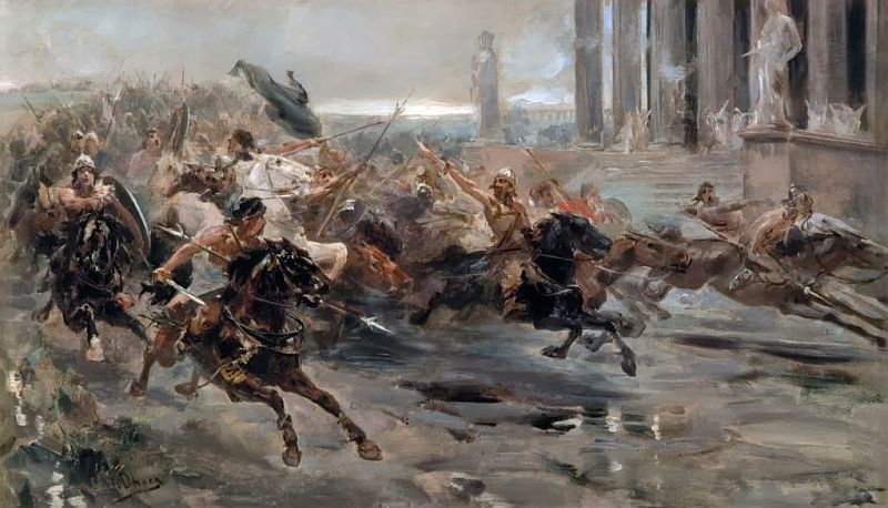 Już samo pojawienie się Hunów powodowało panikę wśród ich wrogów Na ilustracji obraz Ulpiano Checa „Hunowie zbliżający się do Rzymu”.
