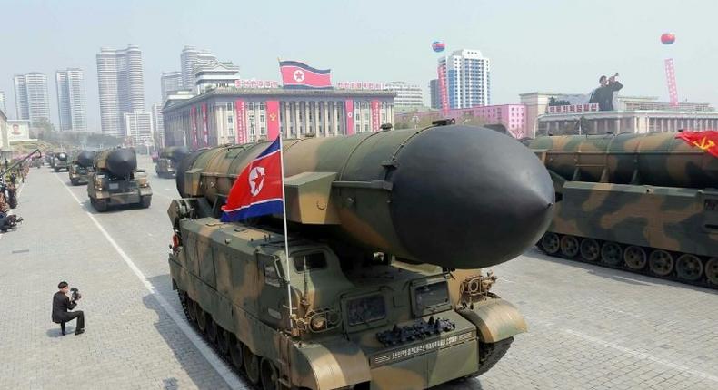 Ballistic missiles on display at Kim Il-Sung square during a military parade in Pyongyang on April 15, 2017