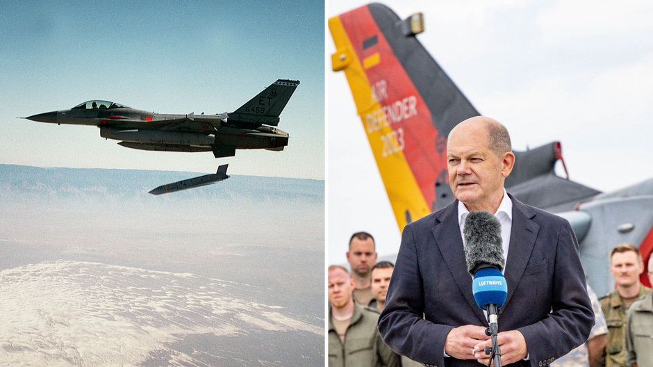 Po lewej: amerykański test pocisku JASSM, 2003 r., po prawej: kanclerz Niemiec Olaf Scholz na spotkaniu z siłami powietrznymi Bundeswehry, 2023 r.