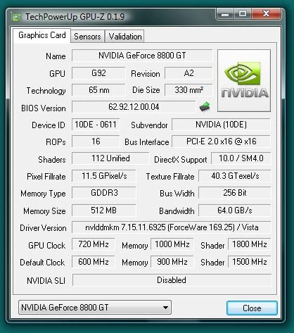 EVGA GeForce 8800 GT po podkręceniu – informacje z programu GPU-Z