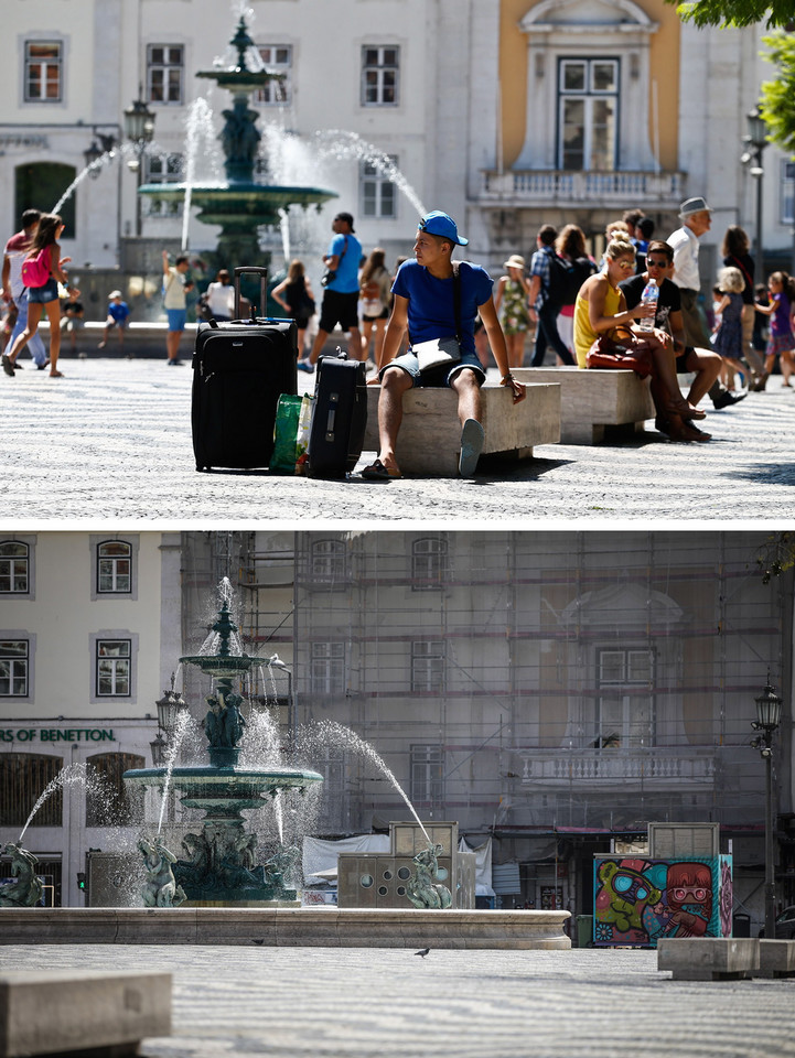 Lizbona przed i w czasie epidemii. Jeden z placów w centrum miasta