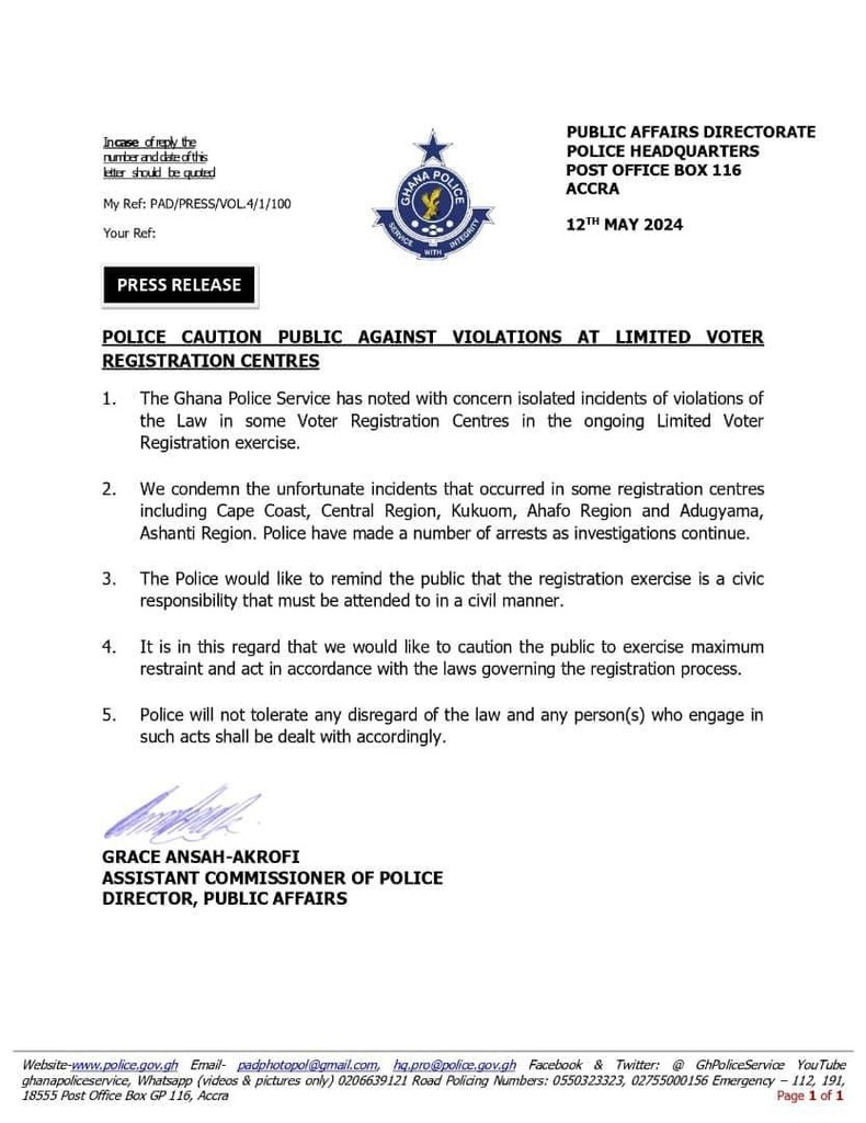Police warns the public against violations at Limited Voter Registration centres