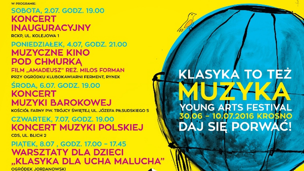 Pierwsza edycja Young Arts Festival odbędzie się w dniach 30 czerwca – 10 lipca w Krośnie. Podczas imprezy będzie moż̇na usłyszeć dzieła najwybitniejszych kompozytorów, zarówno utwory Bacha, Mozarta jak i muzykę filmową, a wszystko w interaktywnej i multimedialnej formie. Gościem specjalnym festiwalu będzie kompozytor, dyrygent Krzesimir Dębski.