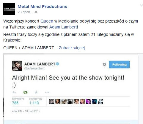 Queen i Adam Lambert - screen z Facebooka Metal Mind Productions