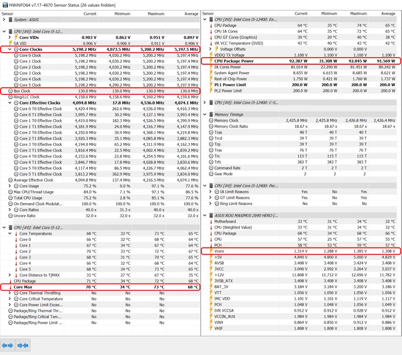 Intel Core i5-12400 – HWiNFO64 – parametry działania procesora podkręconego do 5,2 GHz podczas gry w Shadow of the Tomb Raider