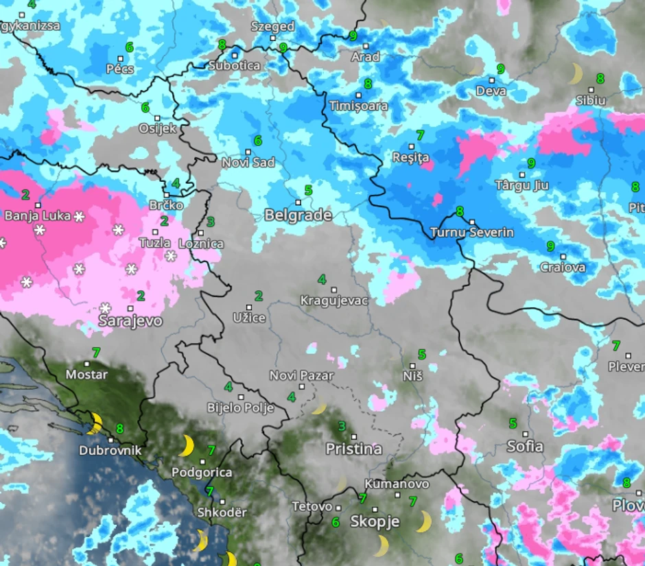 Kretanje padavina u petak u 22 časa