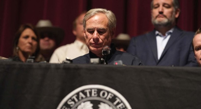 Texas Governor Greg Abbott at a press conference after the school shooting in Uvalde, Texas, in May 2022.