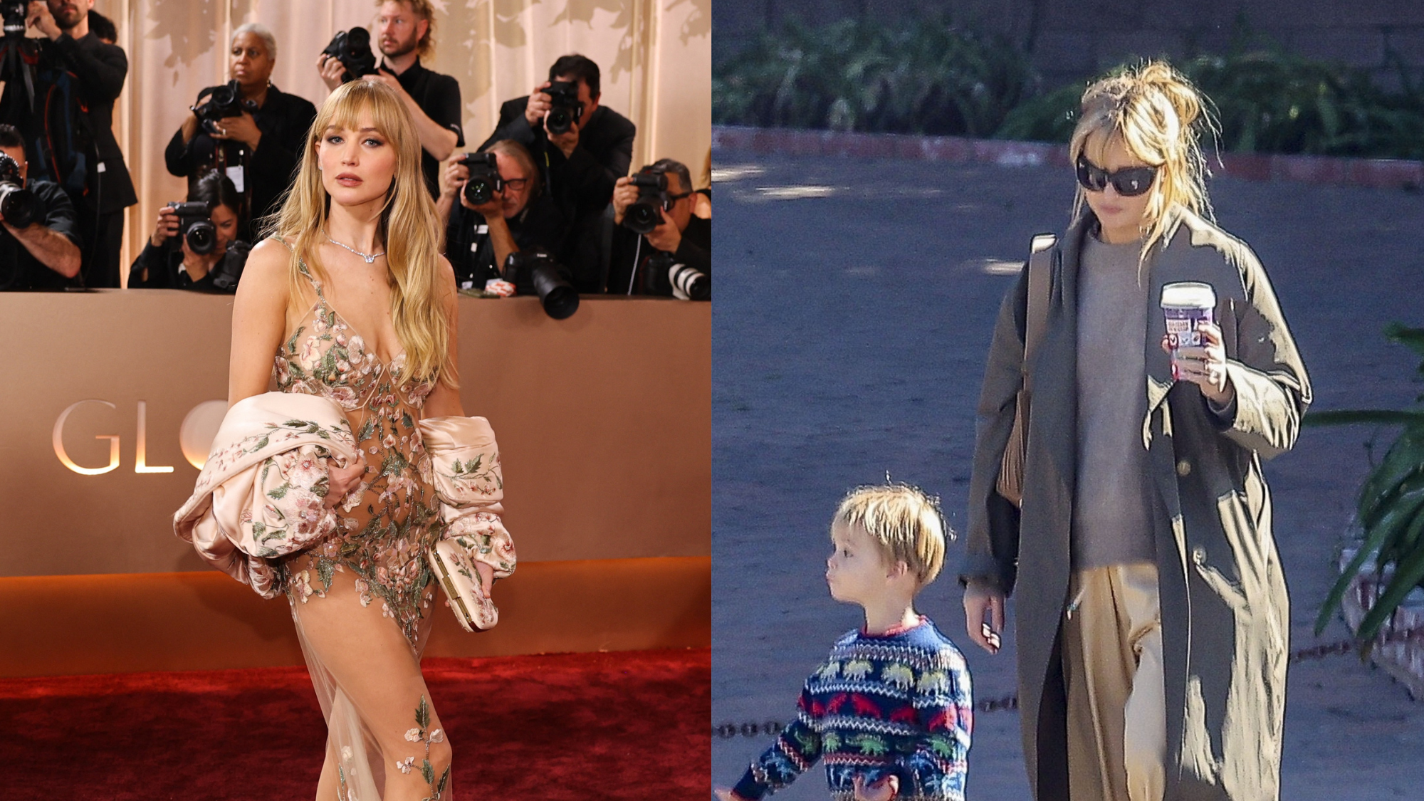 Jennifer Lawrence sa považuje za normálnu mamu v domácnosti. Vľavo na odovzdávaní cien Zlaté glóbusy 11. 1. 2026 a vpravo so synom v roku 2024