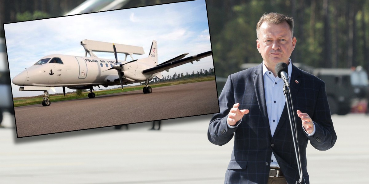 Minister obrony narodowej Mariusz Błaszczak. Na mniejszym zdjęciu: samolot Saab 340 AEW (fot. MON/X)