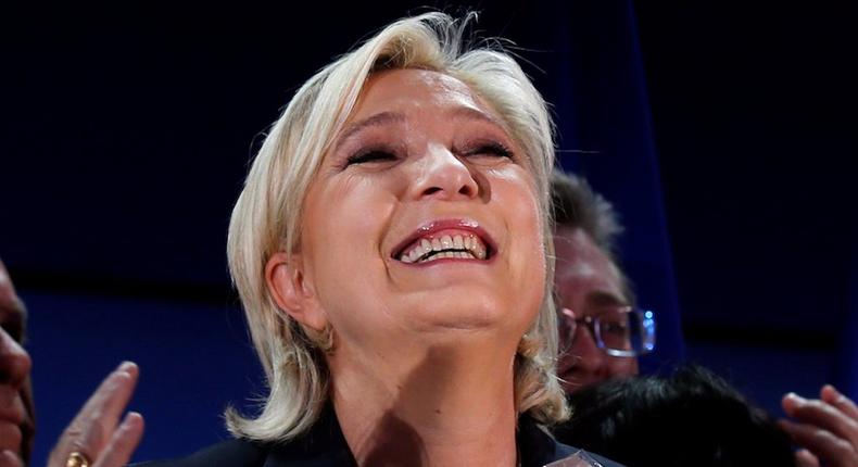 Marine Le Pen, French National Front (FN) political party leader and candidate for French 2017 presidential election, celebrates after early results in the first round of 2017 French presidential election, in Henin-Beaumont, France, April 23, 2017.