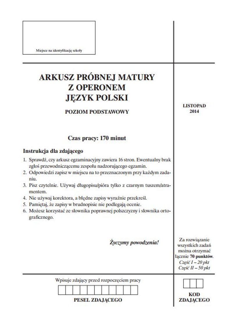 Próbna matura 2015 OPERON. Język polski poziom podstawowy. ODPOWIEDZI