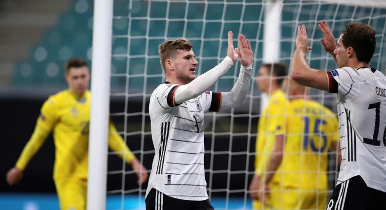 Timo Werner (C) celebrates with Leon Goretzka (R) in Germany's Nations League win over Ukraine on Saturday in the Nations League