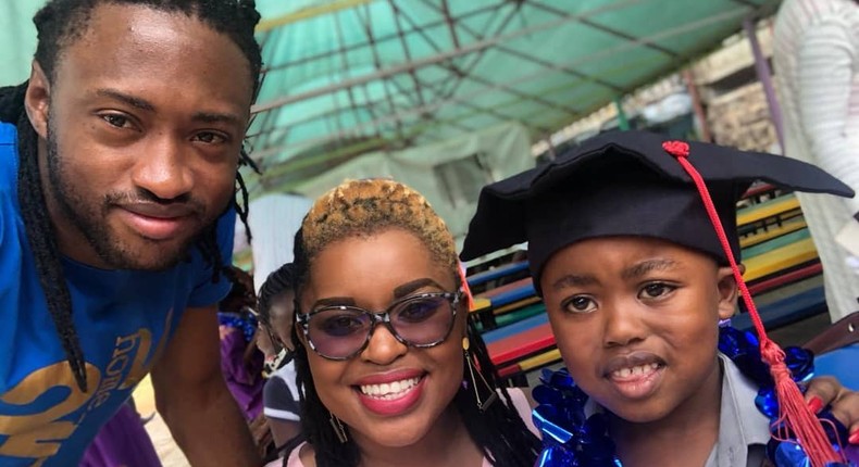 Mwende Macharia with Champ., J Blessing. J Blessing joins Mwende Mwacharia to celebrate their son’s graduation