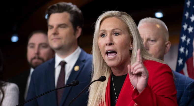 Rep. Marjorie Taylor Greene of Georgia at a press conference on Capitol Hill on February 6, 2024.Roberto Schmidt/AFP via Getty Images