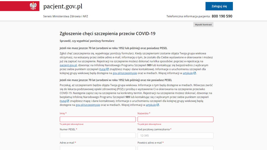 Formularz zapisów na szczepienie przeciwko COVID-19 na stronie szczepimysie.pacjent.gov.pl/zgloszenie