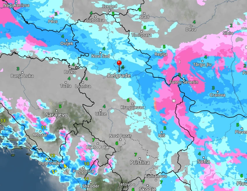Kretanje padavina u Srbiji u 13 časova 