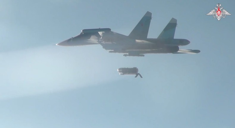 A Russian Su-34 fighter-bomber releases a FAB-3000 glide bomb to strike Ukrainian targets in this video released on July 14 by the Russian Ministry of Defense.Russian Ministry of Defense/Screengrab via Telegram