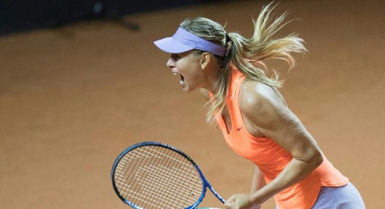 Russia's Maria Sharapova reacts after defeating Italy's Roberta Vinci in their first round match at the WTA tennis Grand Prix in Stuttgart, southwestern Germany, on April 26, 2017