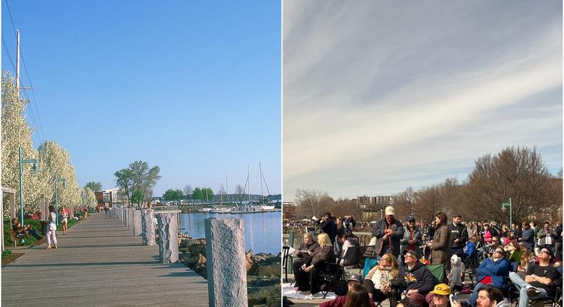 Burlington's Waterfront Park on a typical day (left) versus the day of the total solar eclipse (right).Barry Winiker/Getty Images / Ellyn Lapointe